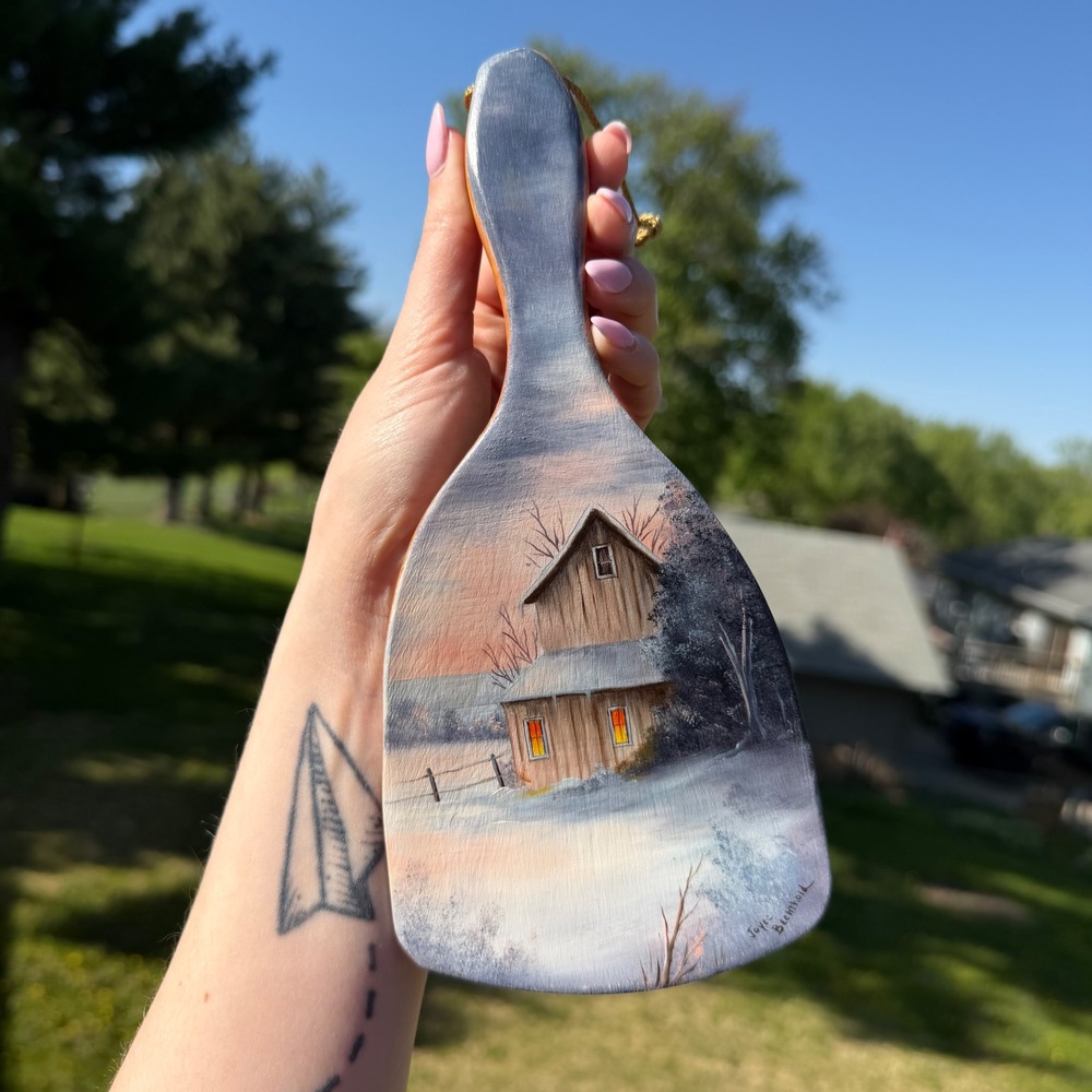 Hand Painted Wooden Paddle Winter Barn Landscape Folk Art Decor Artist Signed